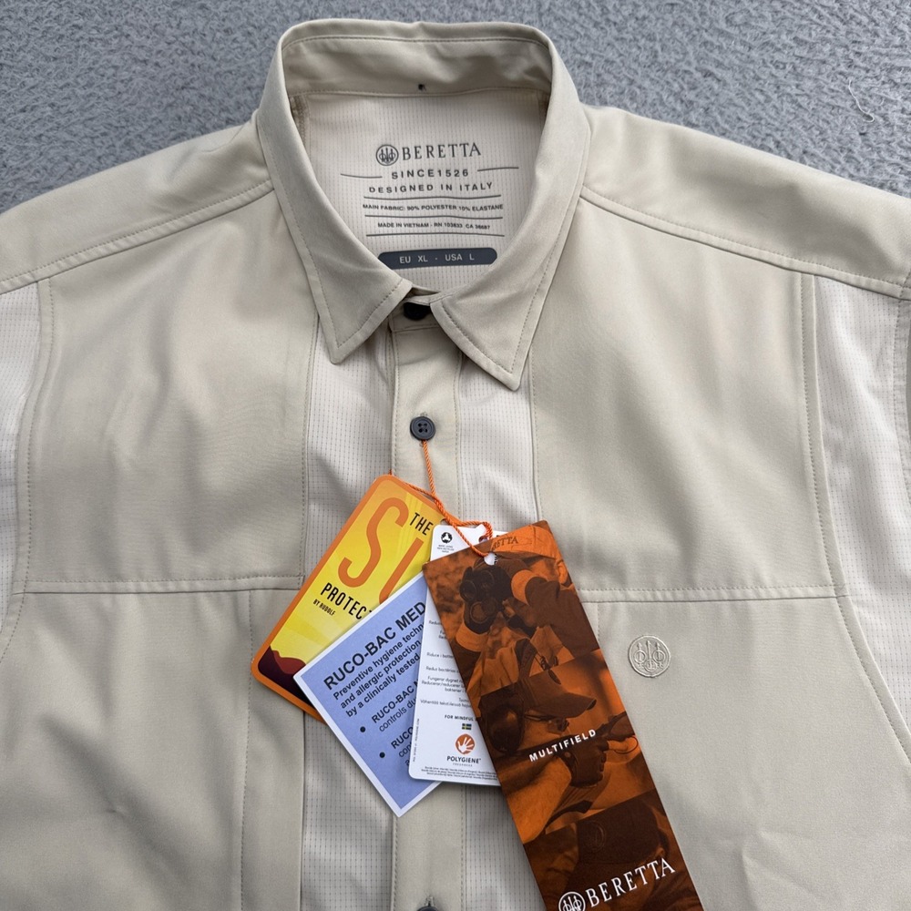 BERETTA TKAD Shirt Mens Large S/S Flex Sand UPF 50 Performance Stretch RUCO-BAC